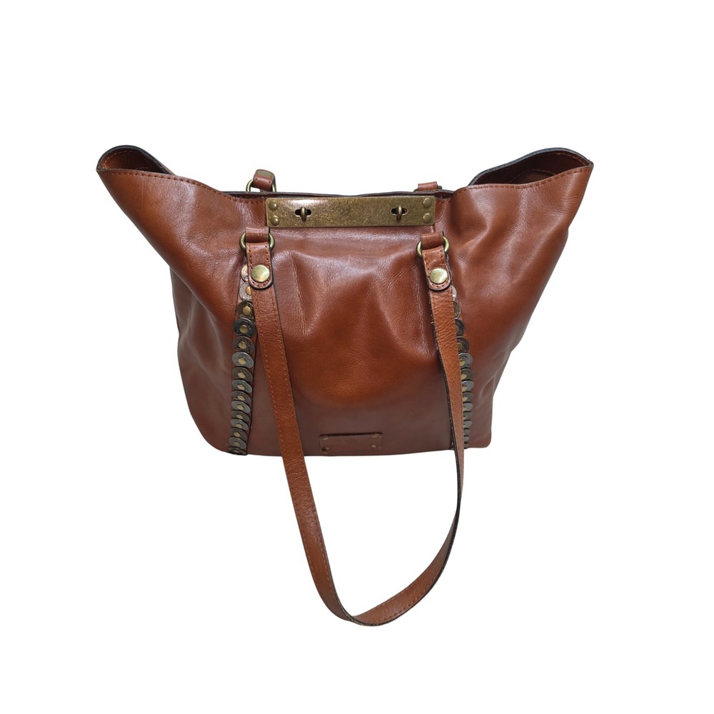 Patricia Nash Tan Leather Tote Bag Coin Studded Antique Brass Shoulder Bag Brown